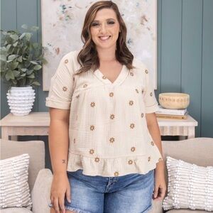 Vibe Beige Floral Embroidered Blouse